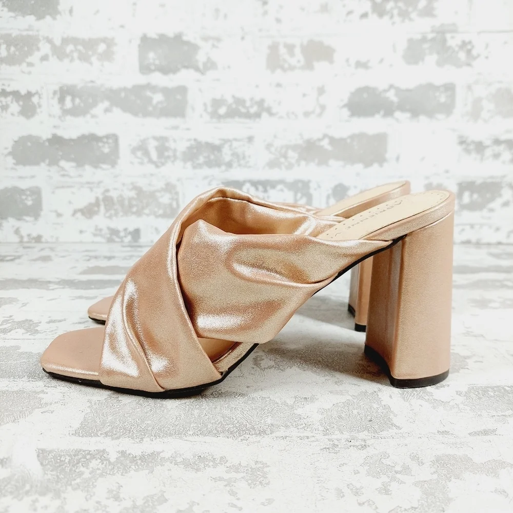 Adrienne Vittadini Genie Satin Cream Cross Band Heeled Slide Dress Sandals W1101